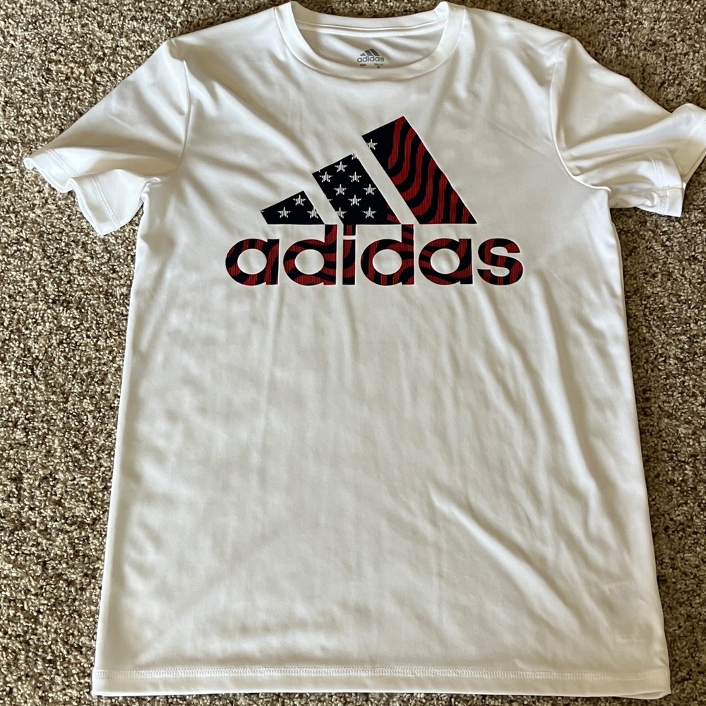 Adidas Kids White Tee with Flag Graphic - Picture 1 of 5